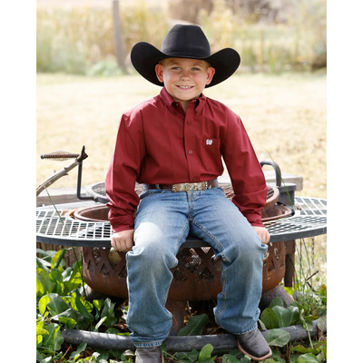 YOUTH BOYS CINCH BURGUNDY STRIPED BUTTON DOWN