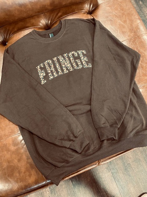 FRINGE LEOPARD PRINT VARSITY CREWNECK