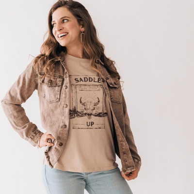 WOMEN'S BROWN MINERAL WASH DENIM JACKET