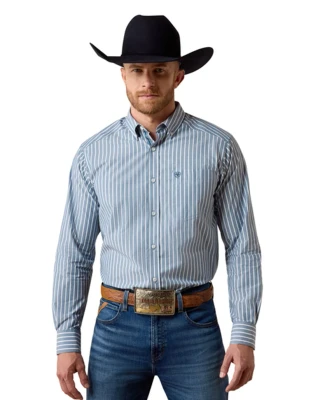 ARIAT MENS PRO-SERIES BLUE STRIPED LONG SLEEVE PEARL SNAP