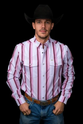 FERRELL MENS PINK STRIPED LONG SLEEVE PEARL SNAP