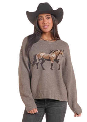 R&R HEATHERED BROWN HORSE SWEATER WOMENS