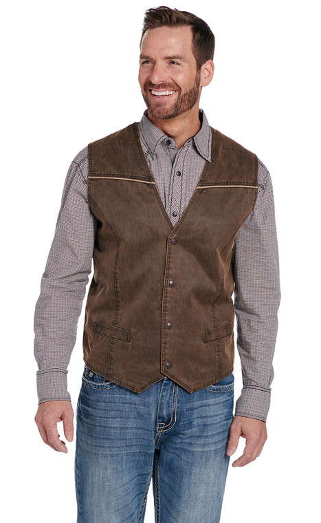 CC LEATHER VEST WITH PIPING-ENZYME WASHED 