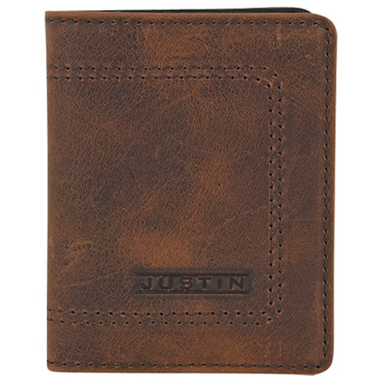 JUSTIN CARD WALLET BROWN LEATHER W/STITCHED DETAILS