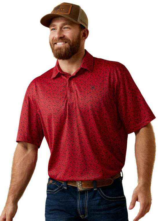 ARIAT MENS SHORT SLEEVE RED PRINT POLO