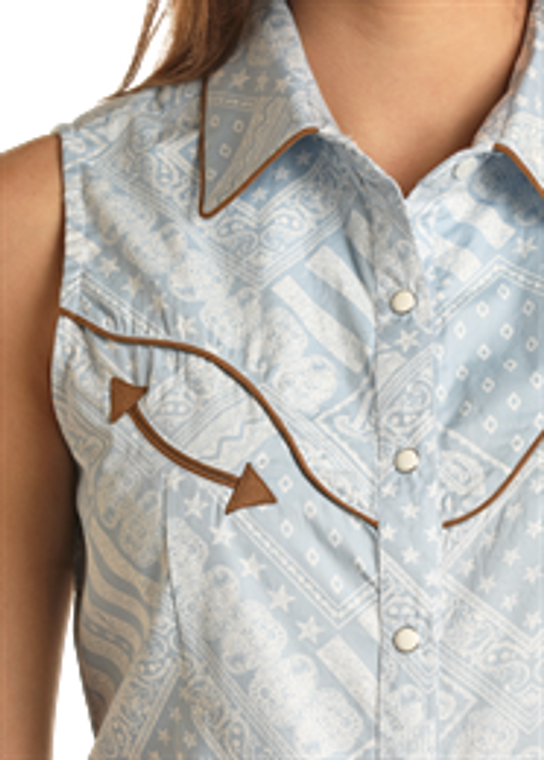 R&R WM PRINTED CHAMBRAY SLEEVELESS SNAP SHIRT