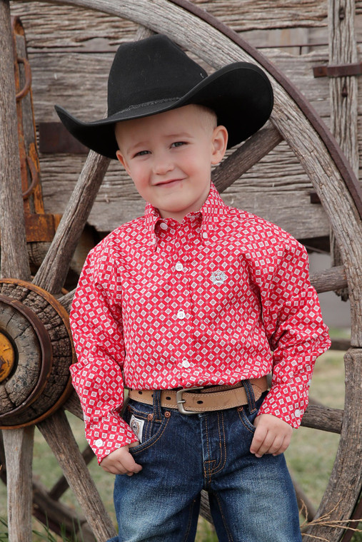 CINCH BABY RED GEOMETRIC PRINT BUTTON-DOWN 