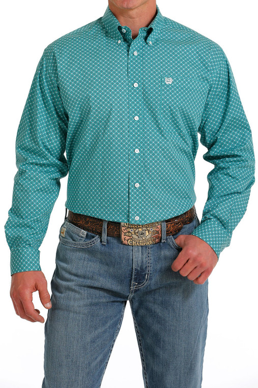 CINCH MENS TURQUOISE/WHITE MEDALLION BUTTON DOWN