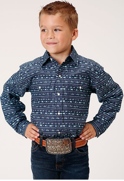 ROPER BOYS LONG SLEEVE BLUE AZTEC SHIRT