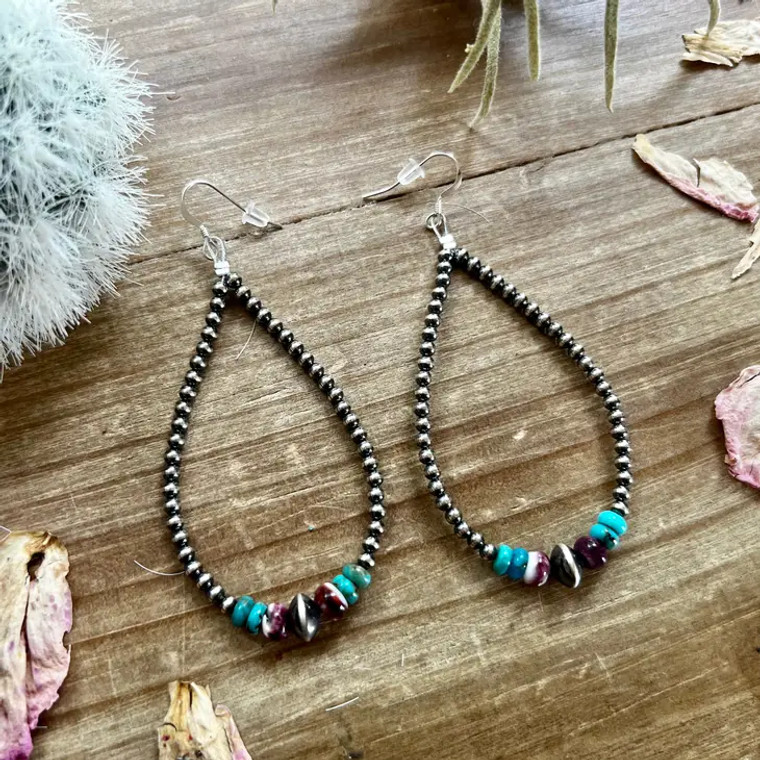 BF 3MM TEARDROP NAVAJO, TURQUOISE AND SPINY EARRING 