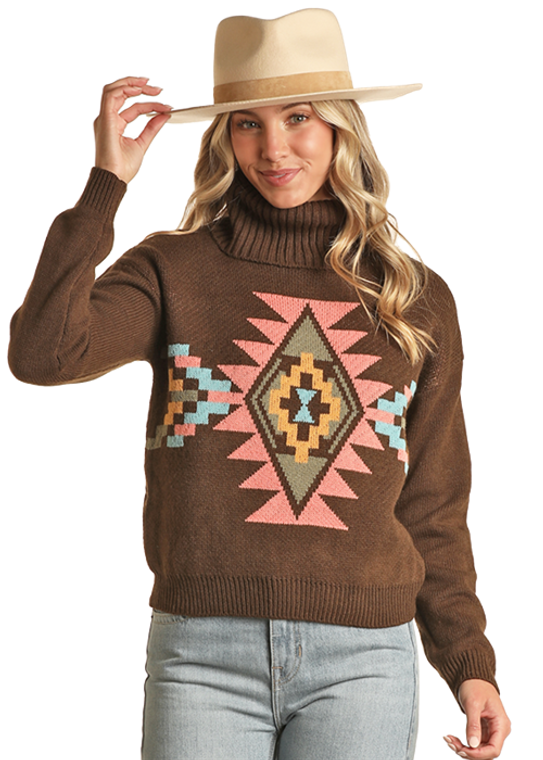 R&R WOMEN'S OLIVE AZTEC SWEATER 