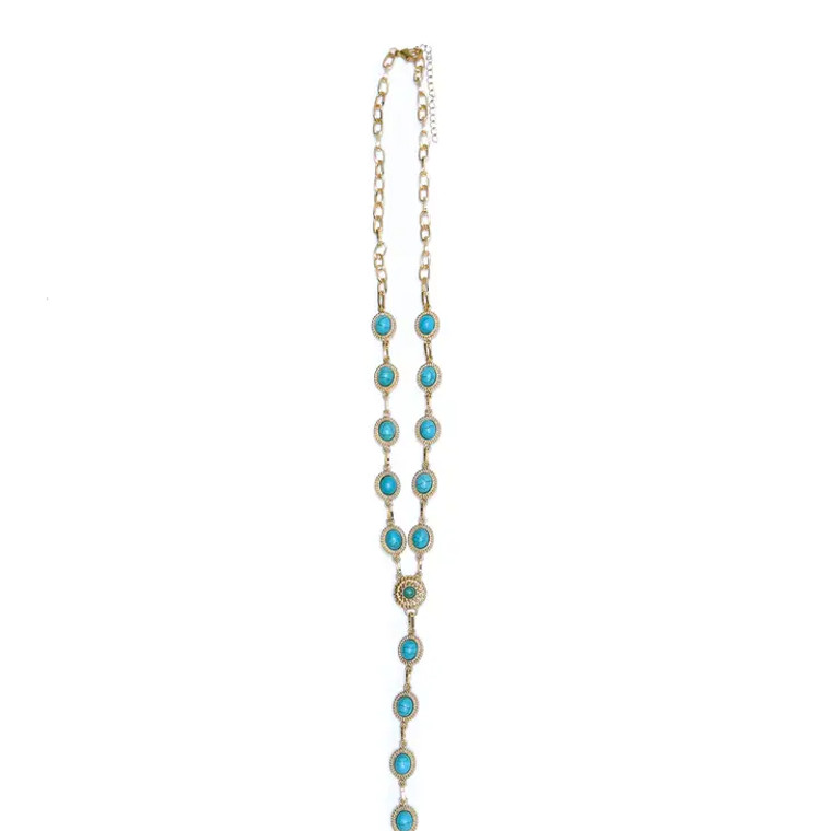 WEST & CO BURNISHED GOLD TURQUOISE CONCHO LARIATE NECKLACE