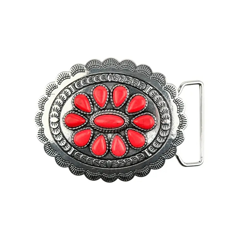 WEST & CO OVAL BURNISHED SILVER W/RED FLOWER BUCKLE 