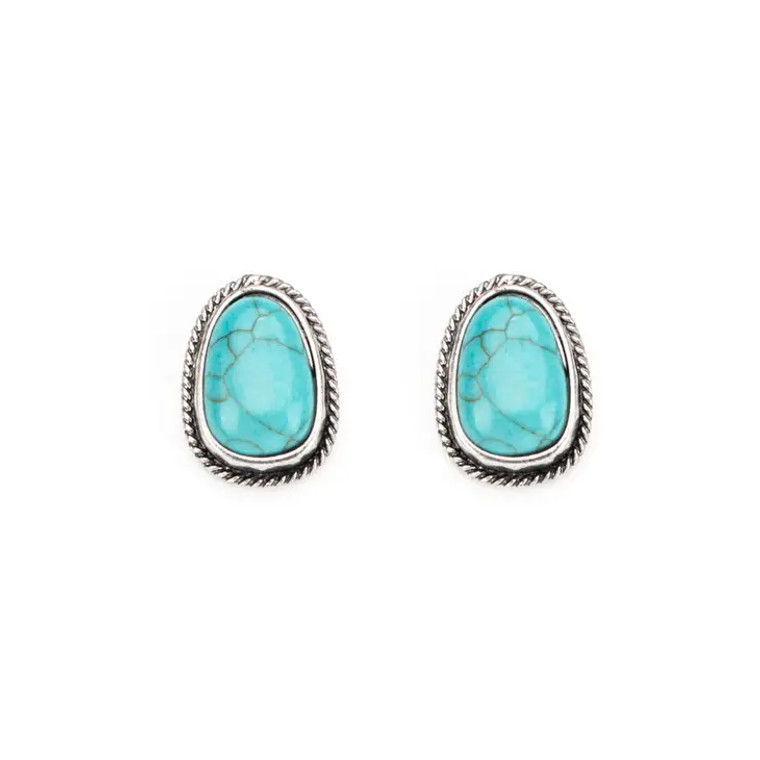 WEST&CO TURQUOISE POST EARRING WITH SILVER ROPE BORDER