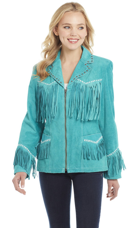 CRIPPLE CREEK WOMEN'S TURQUOISE SUEDE FRINGE JACKET 