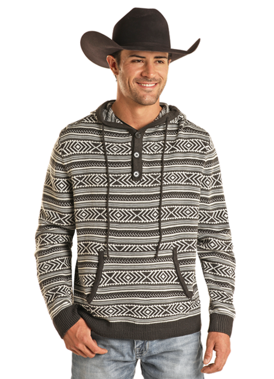 R&R MEN'S KNITTED HOODIE GREY AZTEC