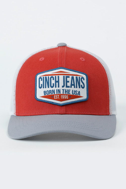 CINCH MENS TRUCKER CAP RED/GREY WITH PATCH