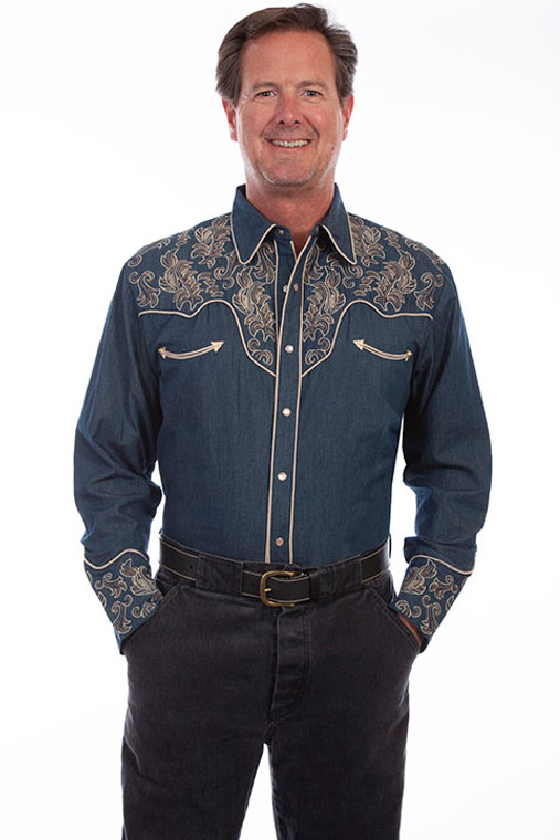 SCULLY MENS DENIM FLORAL EMBROIDERY 