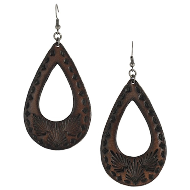  EARRINGS TOOLED LEATHER BROWN TEARDROP