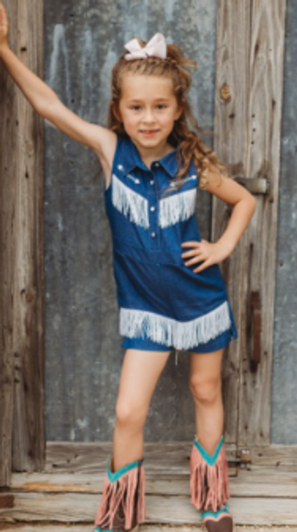 SB DENIM FRINGED ROMPER GIRLS