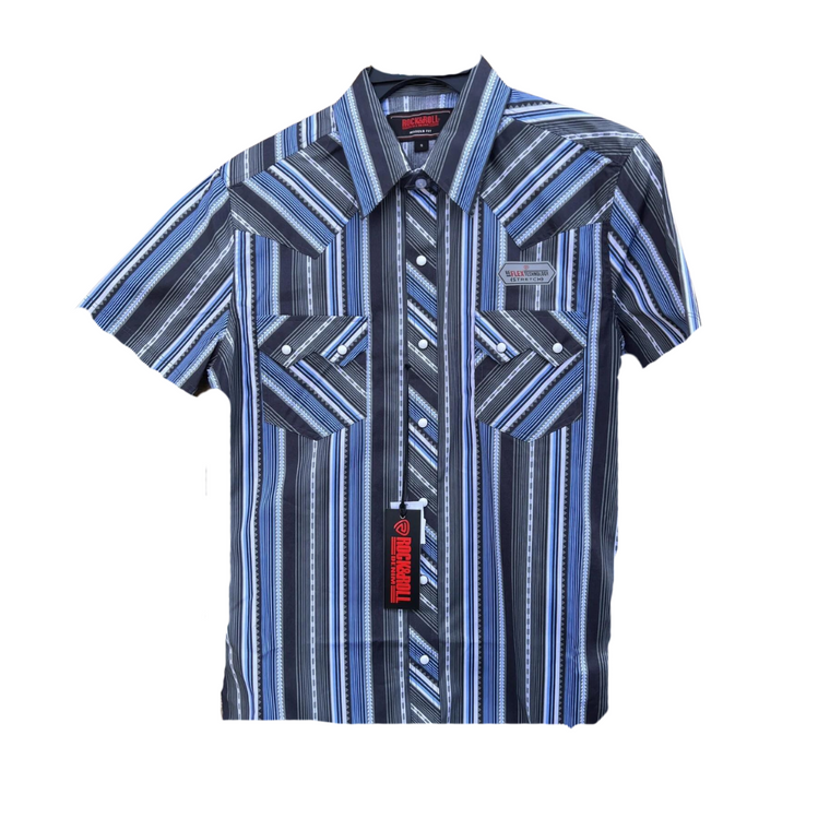 R&R MEN'S BLUE STRIPED SNAP SS