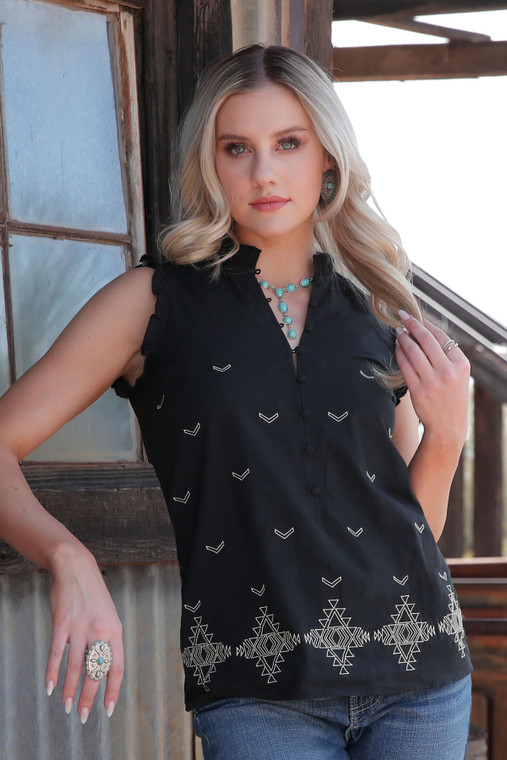CINCH WOMENS BLACK BUTTON UP TANK WITH ARROW DETAIL