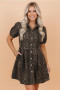 LEOPARD DENIM PUFF SLEEVED DRESS 