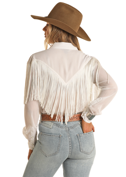 ROCK & ROLL WOMEN'S SHEER WHITE FRINGE TOP - FRINGE WESTERN WEAR