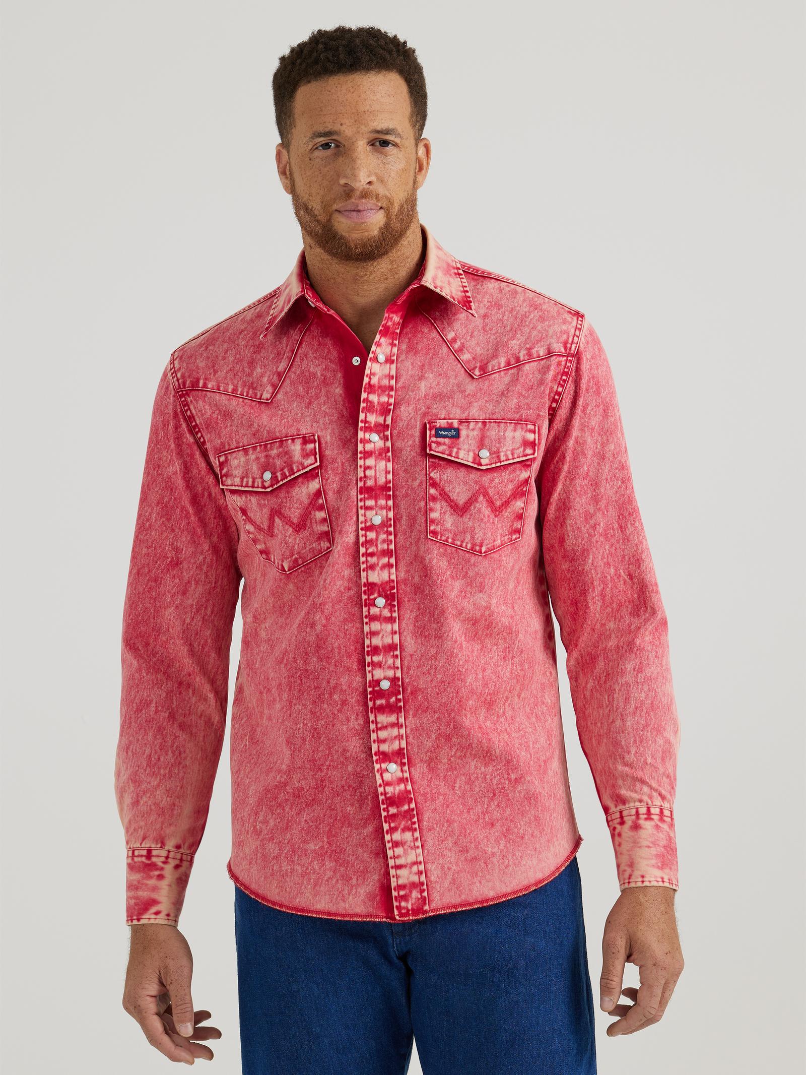 WRANGLER MENS RED ACID WASH PEARL SNAP - FRINGE WESTERN WEAR
