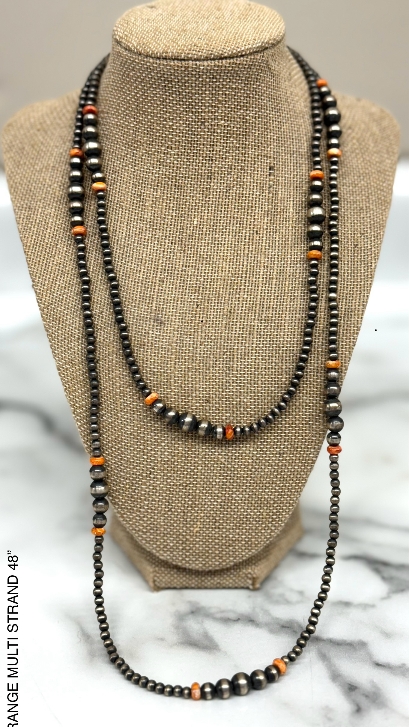 AUTHENTIC NAVAJO PEARL/ORANGE CORAL MULTI STRAND NECKLACE - FRINGE
