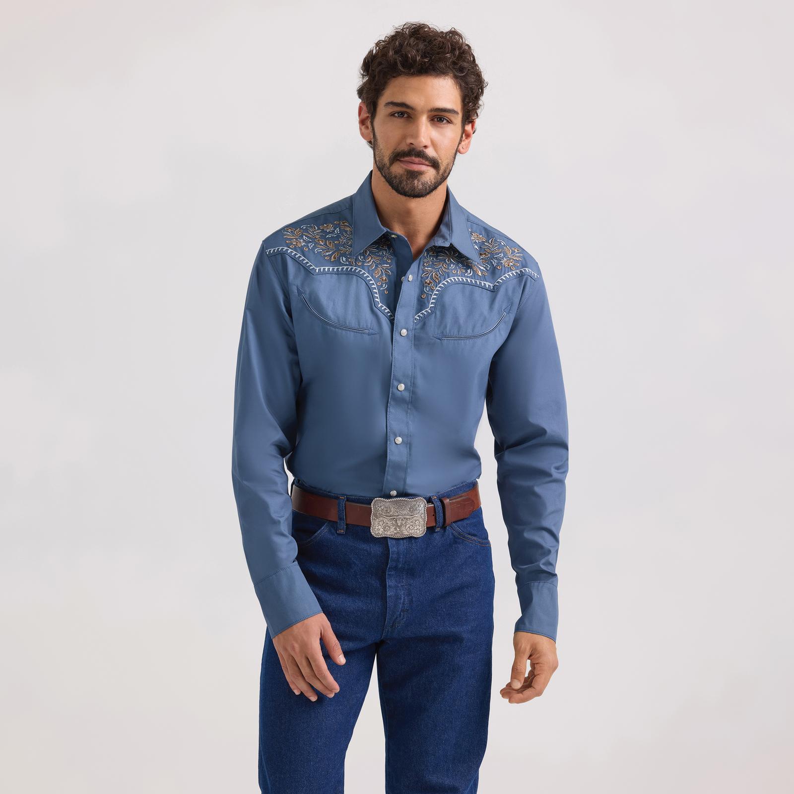 WRANGLER RODEO BEN LONG SLEEVE SHIRT IN BLUE - FRINGE