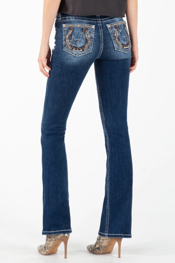 Mid Rise Embroidered Lucky Horse Shoe Pocket Bootcut Jeans