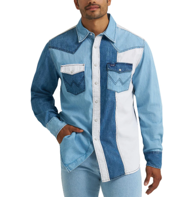 WRANGLER MIXED DENIM LONG SLEEVE SHIRT - FRINGE WESTERN WEAR