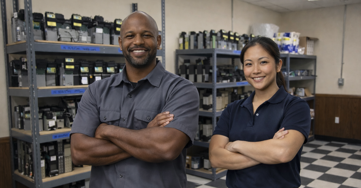 ASI refurbished vending machine technician support team in parts room