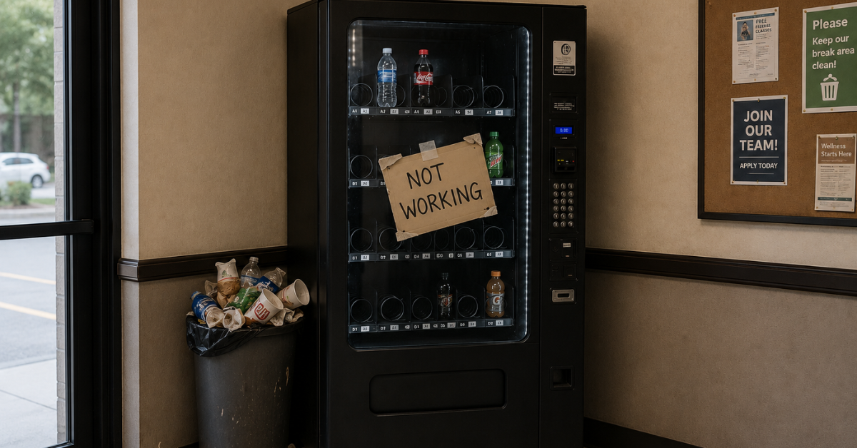 Out-of-service vending machine illustrating the long-term costs of choosing the wrong machine for a location