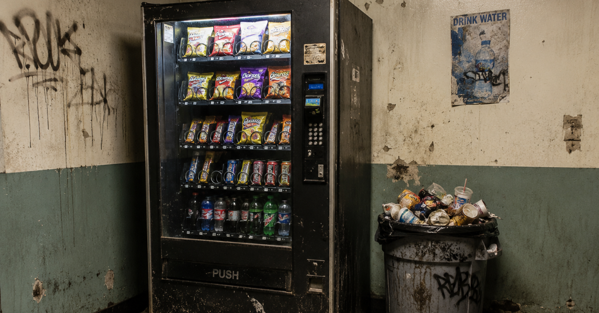 Vending machine in a poorly maintained low-traffic location showing red flags for bad placement