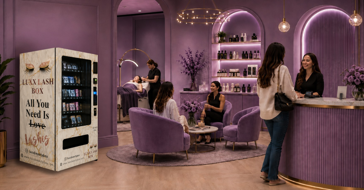 Beauty product vending machine in a modern salon with customers and staff