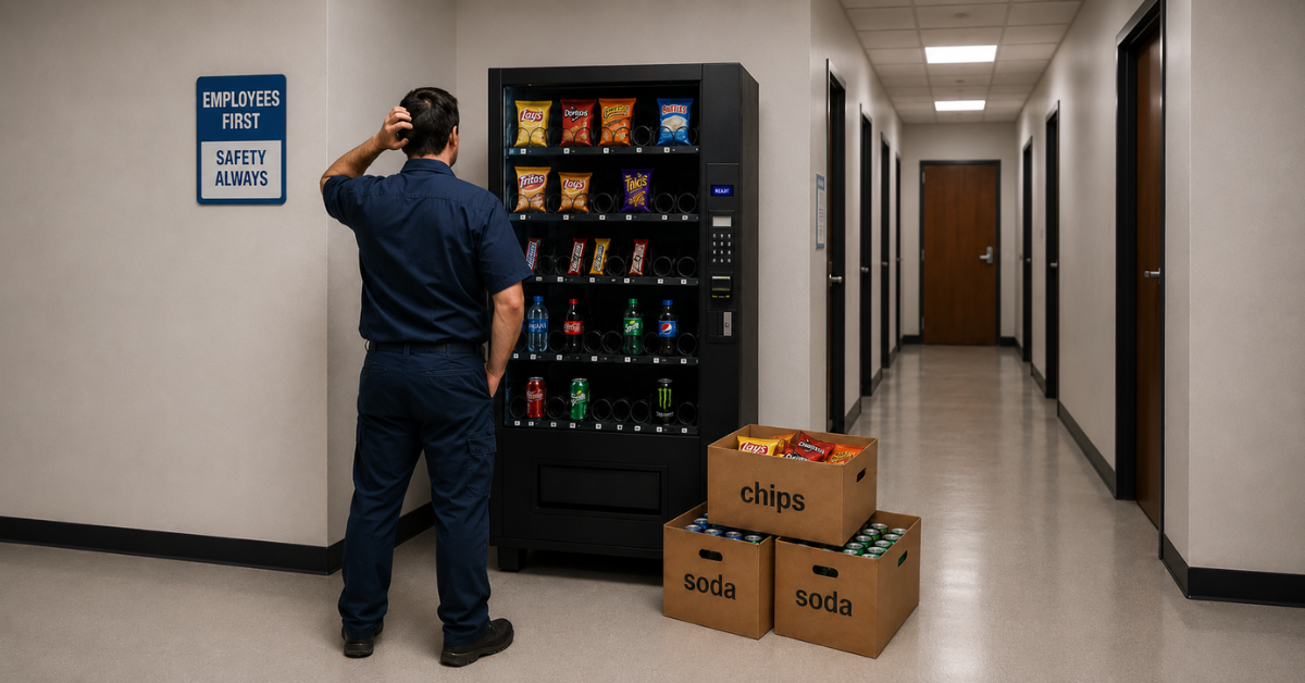 Employee standing beside a cold drink and snack vending machine in a workplace hallway