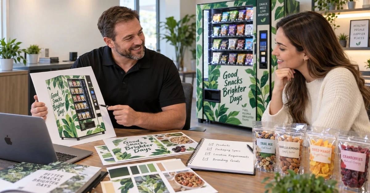 Business owner and vending specialist reviewing product packaging, location requirements, and branding plans for a custom vending machine.