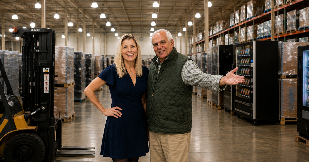 Family-owned vending company owners in a warehouse, representing personalized service and long-term partnerships.