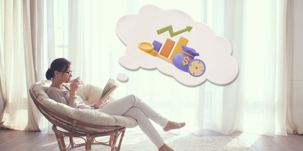 Woman relaxing and reading while thinking about financial growth and future goals