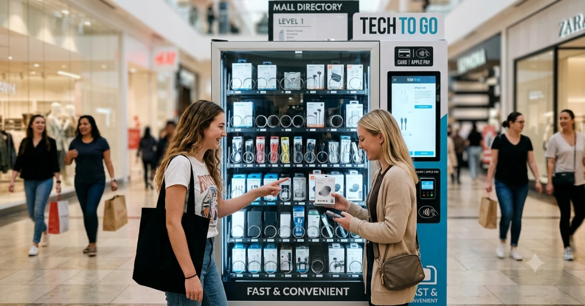 High-margin tech accessories displayed in a modern vending machine at a shopping mall