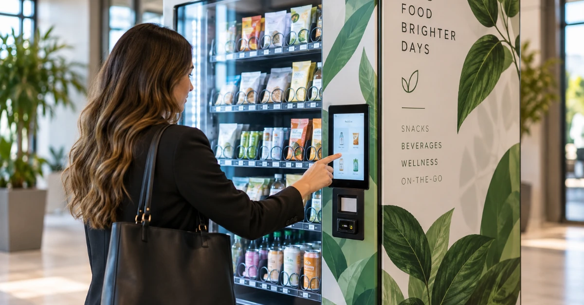 A vending machine designed to reflect a business brand through its appearance, product presentation, and customer-facing experience.