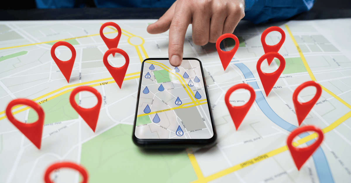 Digital map displaying route tracking and location data, representing efficient service routing, route optimization, and operational planning for a vending business