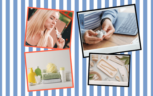 Collage of high-margin non-traditional vending items including a snack bar, vitamins, toiletries, and eco-friendly utensils.