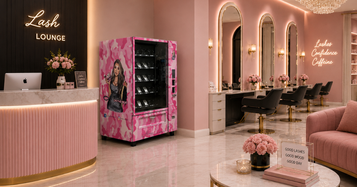 Pink custom vending machine stocked with beauty products inside a lash lounge