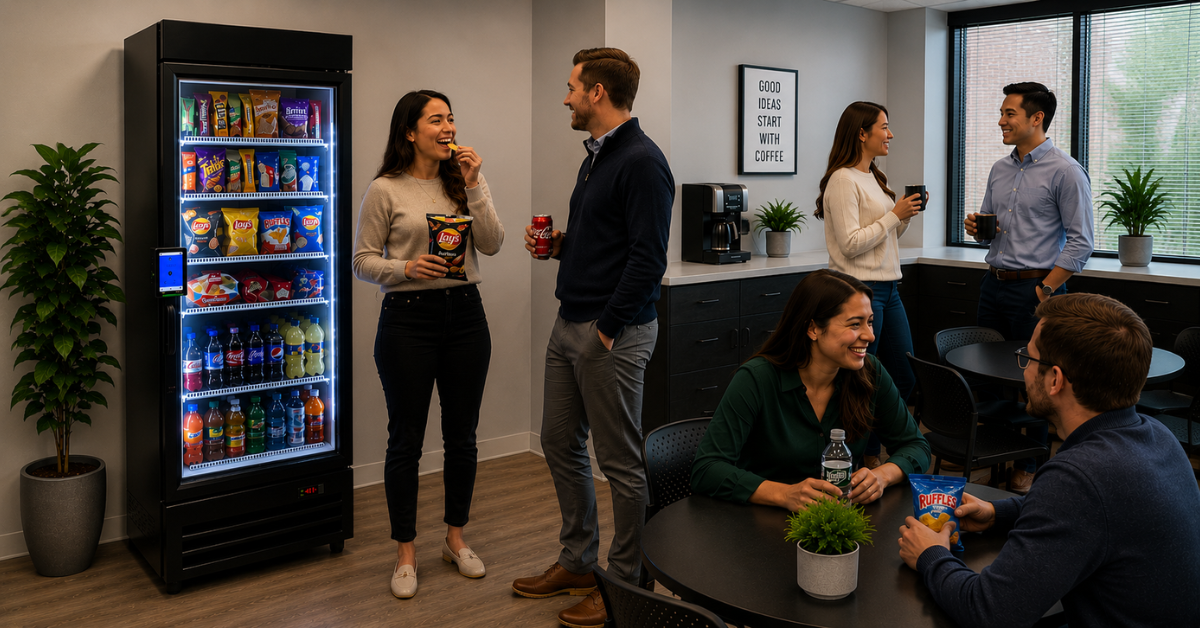 Employees taking a break near a vending machine in a modern office break room