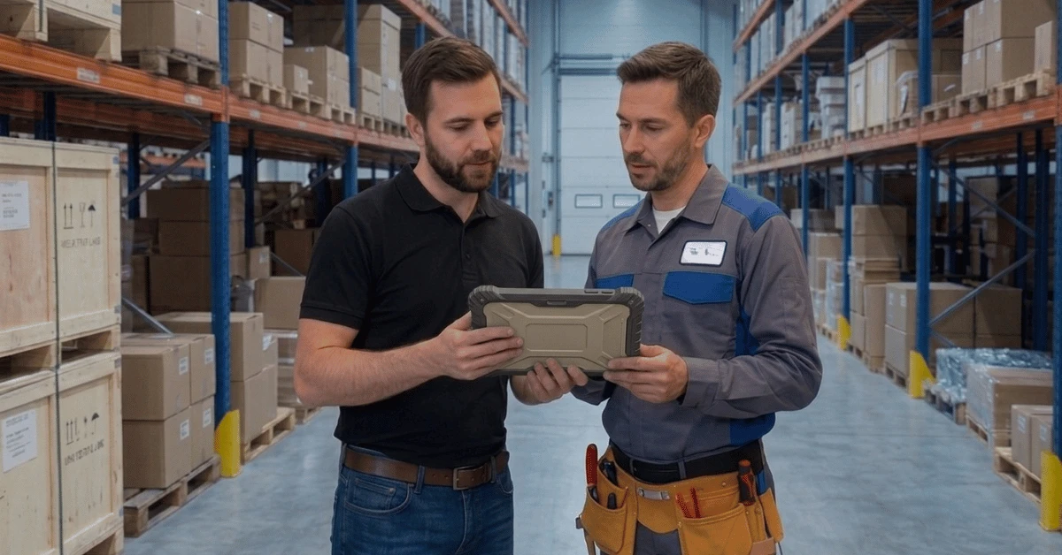 Technicians reviewing smart cooler serviceability and operational support on a tablet