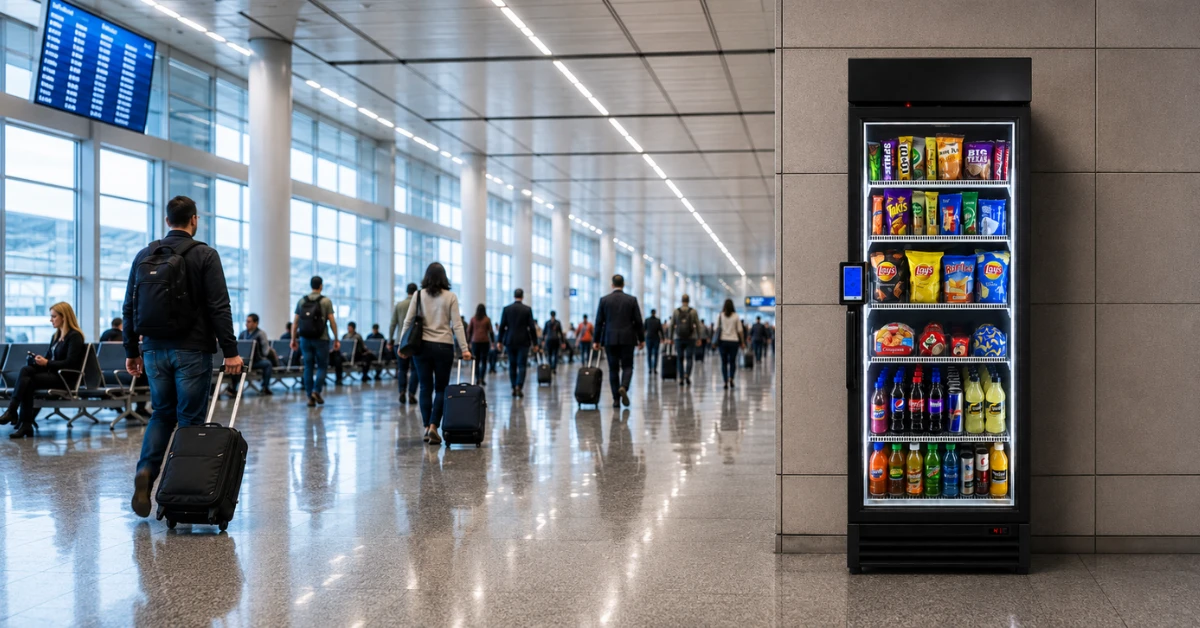 Smart vending machine in a busy airport terminal enabling fast product selection and convenient cashless payments for travelers