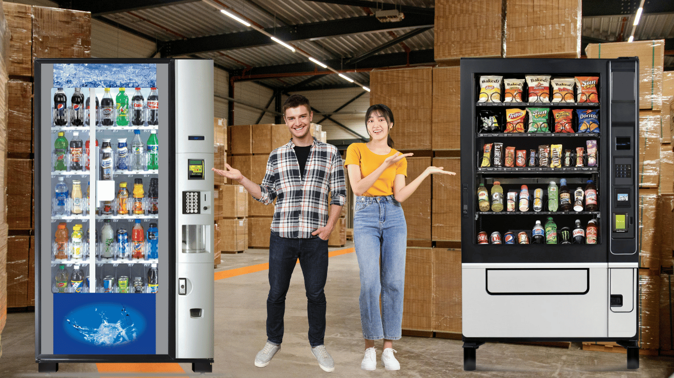 Snack and beverage vending machines displayed in a warehouse, representing equipment selection and business planning for vending operators